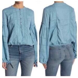 Free People Bell Sleeve 100% Linen Peasant Blue Blouse Sz L